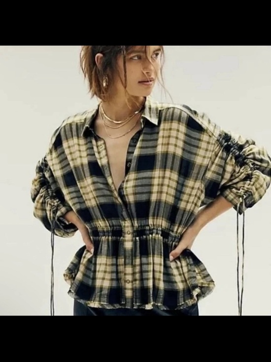 We The Free Tops - We The Free Yellow and Black Plaid Pacific Drawn Top Medium